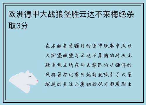 欧洲德甲大战狼堡胜云达不莱梅绝杀取3分